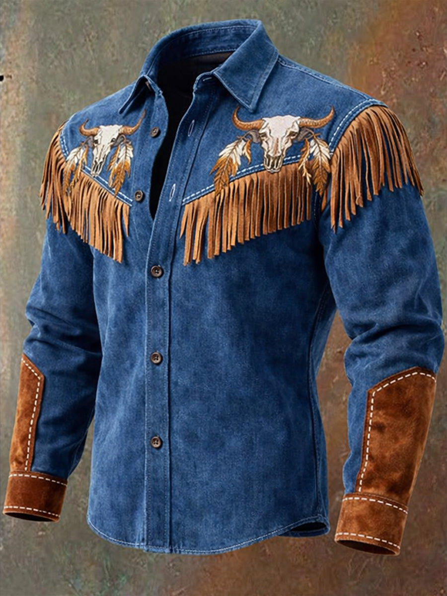 Men's Retro Western Style Print Vintage Tassel Casual Long Sleeve Shirt